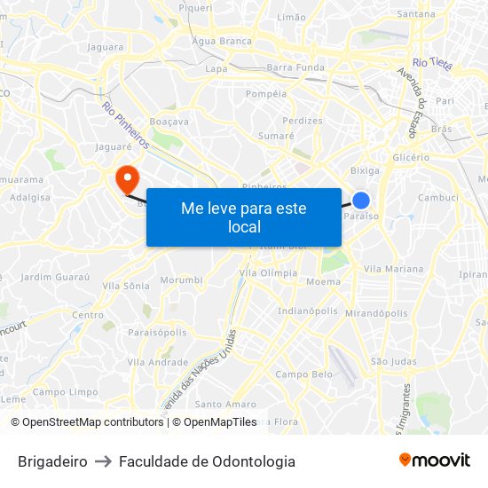 Brigadeiro to Faculdade de Odontologia map