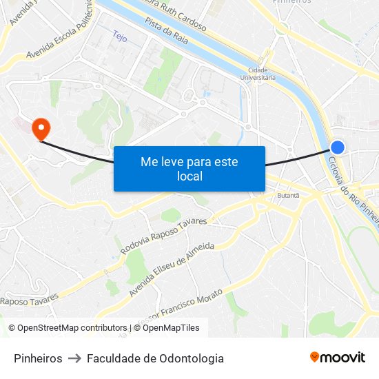 Pinheiros to Faculdade de Odontologia map