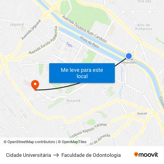 Cidade Universitária to Faculdade de Odontologia map