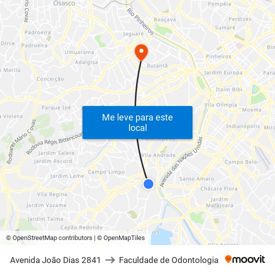 Avenida João Dias 2841 to Faculdade de Odontologia map