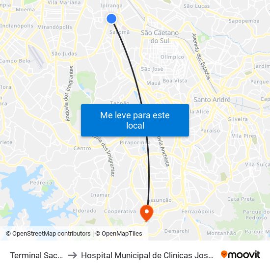 Terminal Sacomã to Hospital Municipal de Clinicas José Alencar map