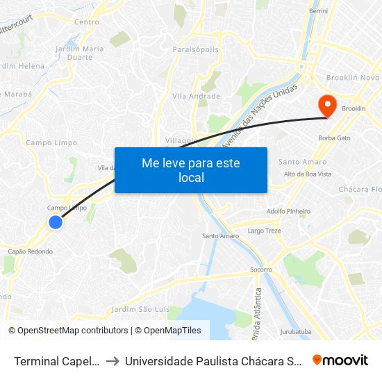 Terminal Capelinha - Plat. 1 to Universidade Paulista Chácara Santo Antônio Campus III map