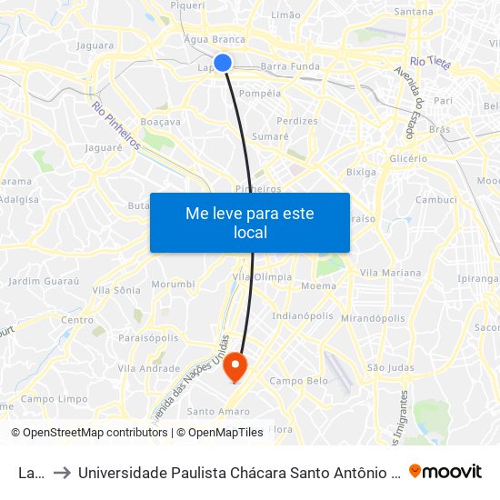 Lapa to Universidade Paulista Chácara Santo Antônio Campus III map