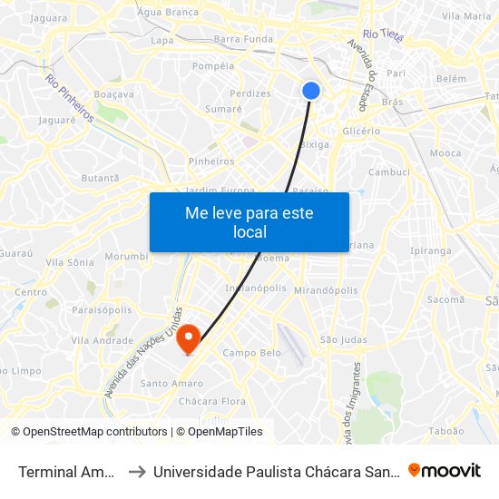 Terminal Amaral Gurgel to Universidade Paulista Chácara Santo Antônio Campus III map