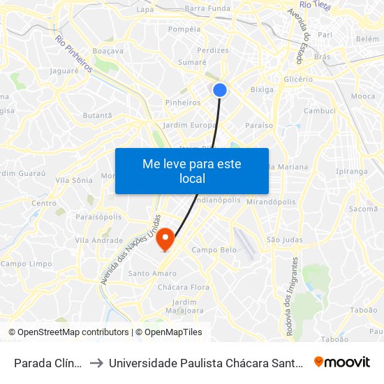 Parada Clínicas C/B to Universidade Paulista Chácara Santo Antônio Campus III map