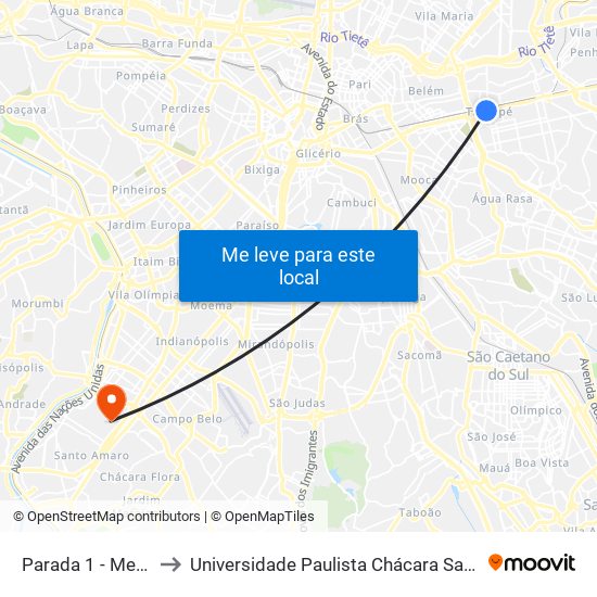 Parada 1 - Metrô Tatuapé to Universidade Paulista Chácara Santo Antônio Campus III map