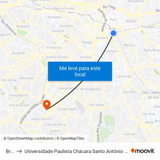 Brás to Universidade Paulista Chácara Santo Antônio Campus III map
