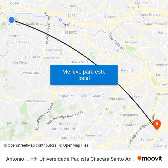 Antonio João to Universidade Paulista Chácara Santo Antônio Campus III map