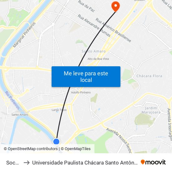 Socorro to Universidade Paulista Chácara Santo Antônio Campus III map
