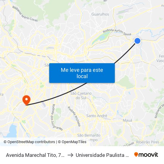 Avenida Marechal Tito, 763 - São Miguel Paulista, São Paulo to Universidade Paulista Chácara Santo Antônio Campus III map