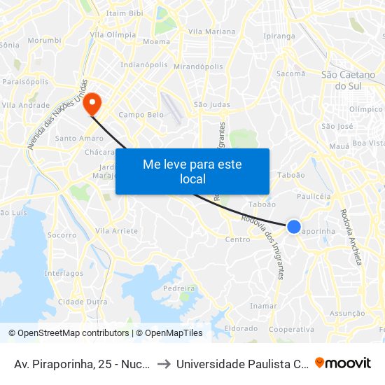 Av. Piraporinha, 25 - Nucleo Hab. Nova Conquista, Diadema to Universidade Paulista Chácara Santo Antônio Campus III map