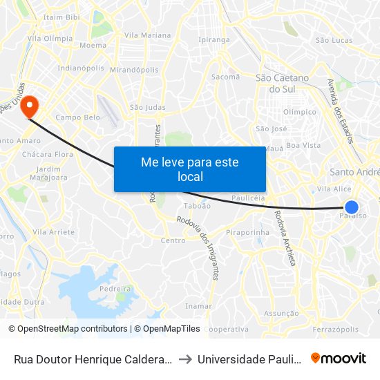 Rua Doutor Henrique Calderazzo, 320 - Hospital Mário Covas - Paraíso, Santo André to Universidade Paulista Chácara Santo Antônio Campus III map