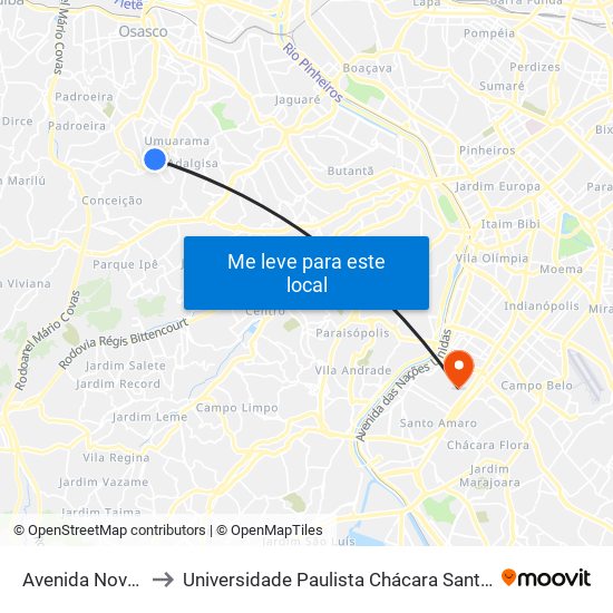 Avenida Novo Osasco to Universidade Paulista Chácara Santo Antônio Campus III map