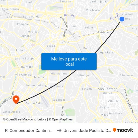 R. Comendador Cantinho, 524 - Penha de França, São Paulo to Universidade Paulista Chácara Santo Antônio Campus III map