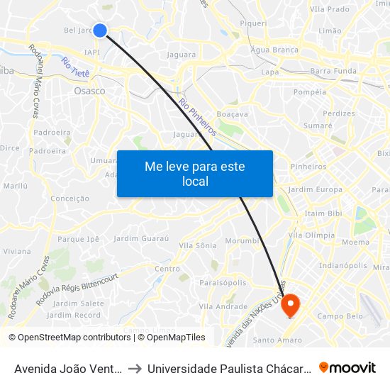 Avenida João Ventura dos Santos 48 to Universidade Paulista Chácara Santo Antônio Campus III map