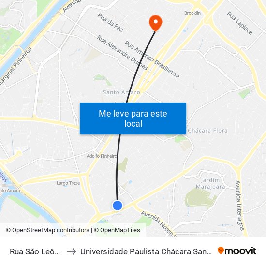 Rua São Leônidas, 134 to Universidade Paulista Chácara Santo Antônio Campus III map