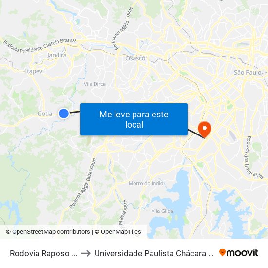 Rodovia Raposo Tavares Km 30 to Universidade Paulista Chácara Santo Antônio Campus III map