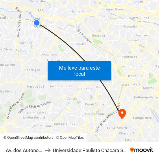 Av. dos Autonomistas 5110 to Universidade Paulista Chácara Santo Antônio Campus III map