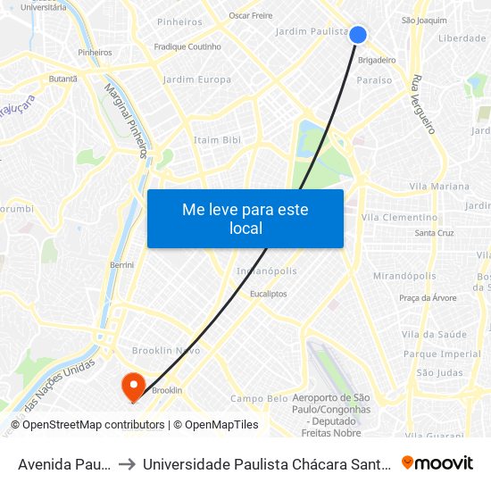 Avenida Paulista 901 to Universidade Paulista Chácara Santo Antônio Campus III map