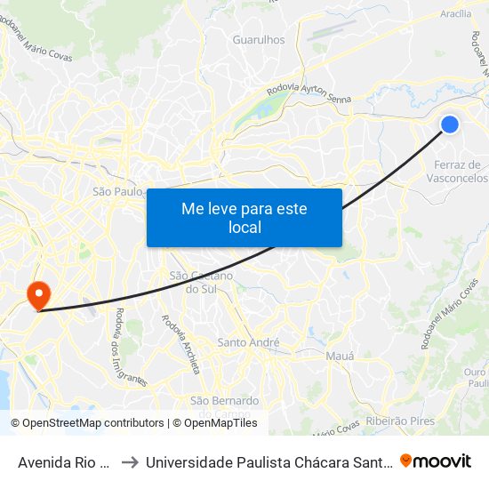 Avenida Rio Mirivaí 21 to Universidade Paulista Chácara Santo Antônio Campus III map