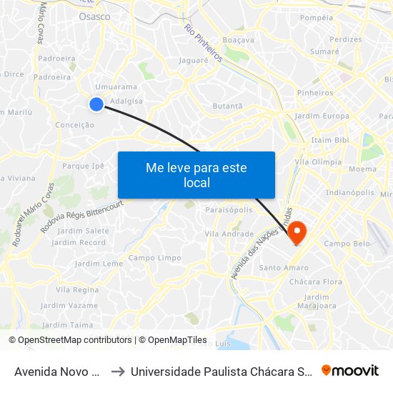 Avenida Novo Osasco 1257 to Universidade Paulista Chácara Santo Antônio Campus III map