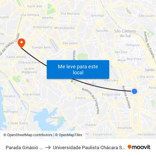 Parada Ginásio Poliesportivo to Universidade Paulista Chácara Santo Antônio Campus III map