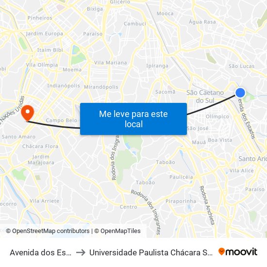 Av. dos Estados, 4576 - Utinga, Santo André to Universidade Paulista Chácara Santo Antônio Campus III map