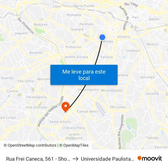 Rua Frei Caneca, 561 - Shopping Frei Caneca - Bela Vista, São Paulo to Universidade Paulista Chácara Santo Antônio Campus III map