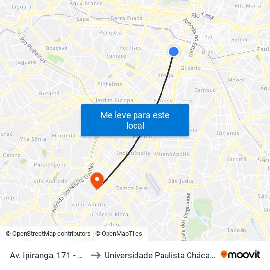 Av. Ipiranga, 171 - República, São Paulo to Universidade Paulista Chácara Santo Antônio Campus III map