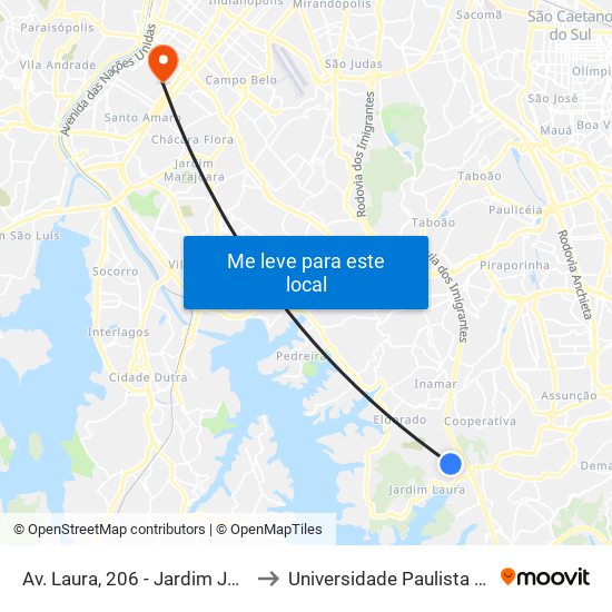Av. Laura, 206 - Jardim Joao de Barro, São Bernardo do Campo to Universidade Paulista Chácara Santo Antônio Campus III map