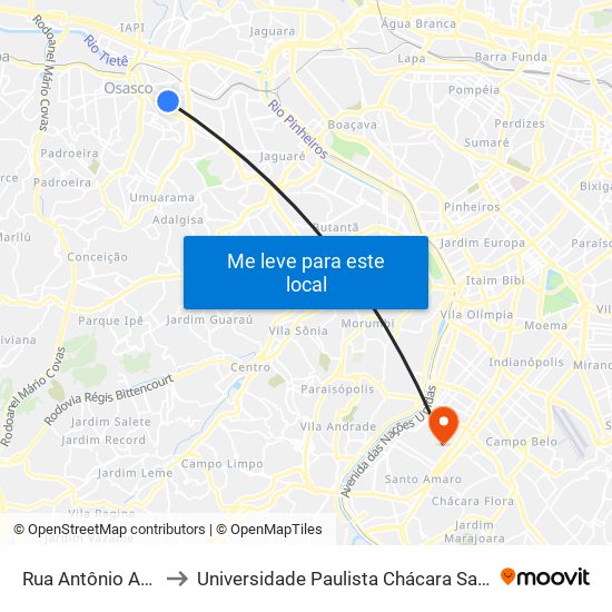 Rua Antônio Agú, 674-696 to Universidade Paulista Chácara Santo Antônio Campus III map