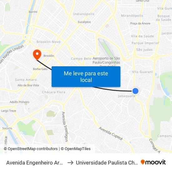 Avenida Engenheiro Armando de Arruda Pereira 2100 to Universidade Paulista Chácara Santo Antônio Campus III map