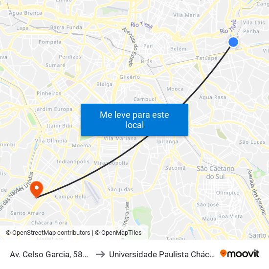 Av. Celso Garcia, 5874 - Tatuapé, São Paulo to Universidade Paulista Chácara Santo Antônio Campus III map