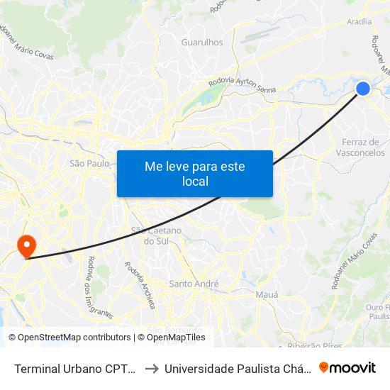 Terminal Urbano CPTM Engenheiro Manoel Feio to Universidade Paulista Chácara Santo Antônio Campus III map