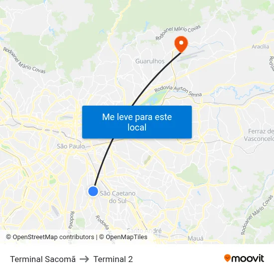 Terminal Sacomã to Terminal 2 map