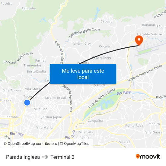 Parada Inglesa to Terminal 2 map