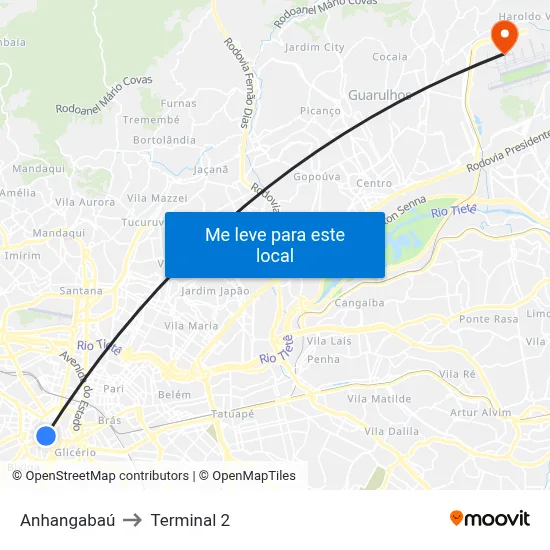 Anhangabaú to Terminal 2 map