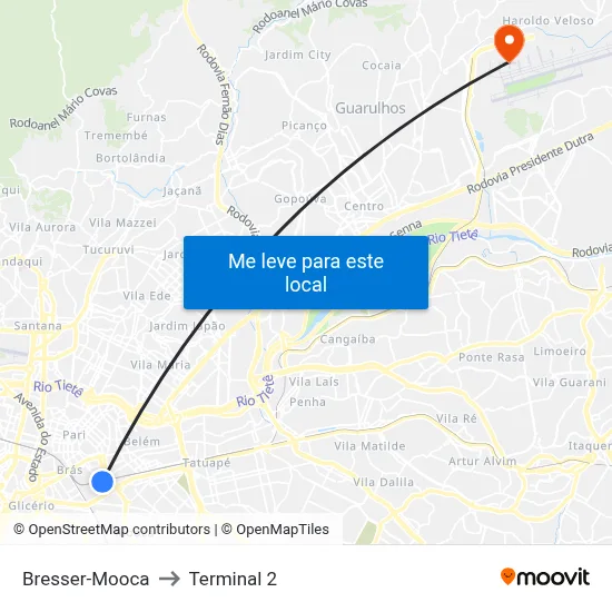 Bresser-Mooca to Terminal 2 map
