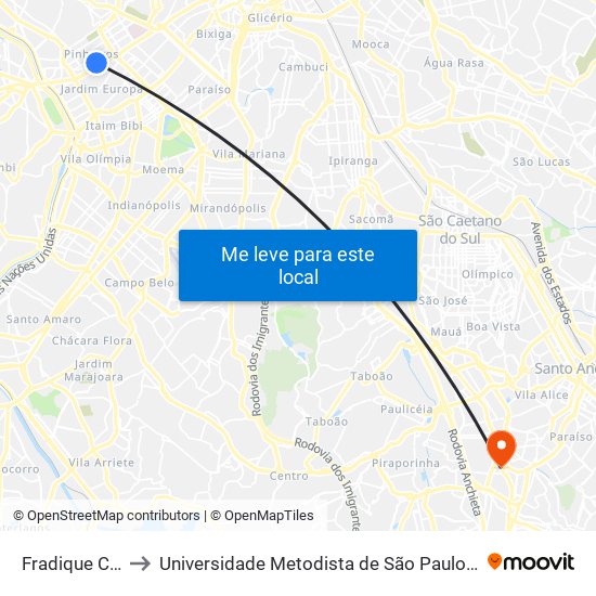 Fradique Coutinho to Universidade Metodista de São Paulo (Campus Vergueiro) map