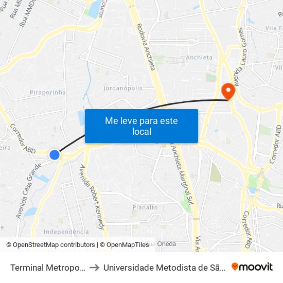 Terminal Metropolitano Piraporinha to Universidade Metodista de São Paulo (Campus Vergueiro) map