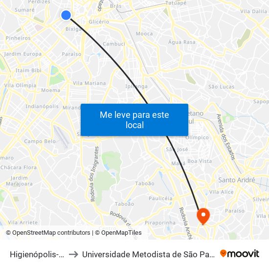 Higienópolis-Mackenzie to Universidade Metodista de São Paulo (Campus Vergueiro) map