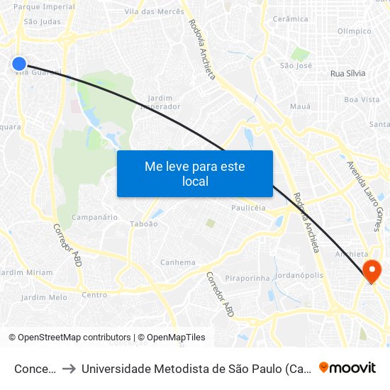 Conceição to Universidade Metodista de São Paulo (Campus Vergueiro) map