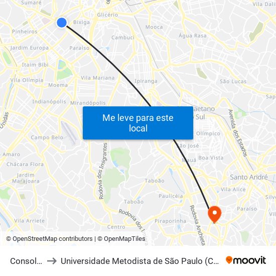 Consolação to Universidade Metodista de São Paulo (Campus Vergueiro) map