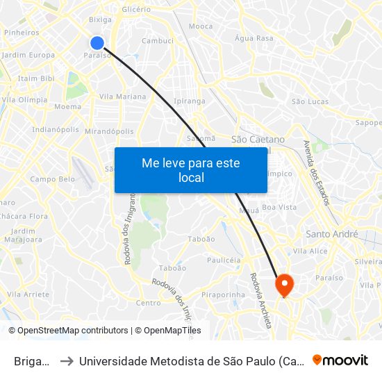 Brigadeiro to Universidade Metodista de São Paulo (Campus Vergueiro) map