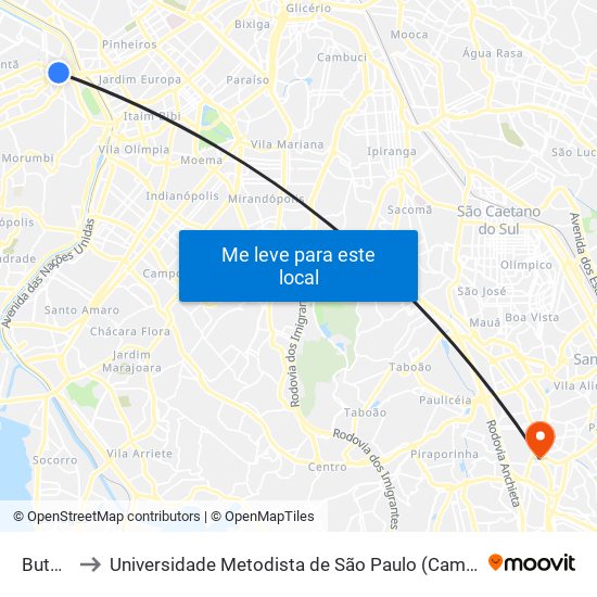 Butantã to Universidade Metodista de São Paulo (Campus Vergueiro) map