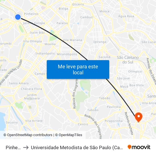 Pinheiros to Universidade Metodista de São Paulo (Campus Vergueiro) map