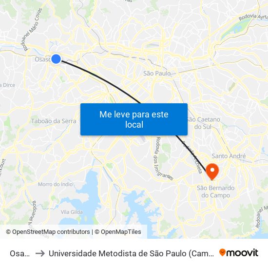 Osasco to Universidade Metodista de São Paulo (Campus Vergueiro) map