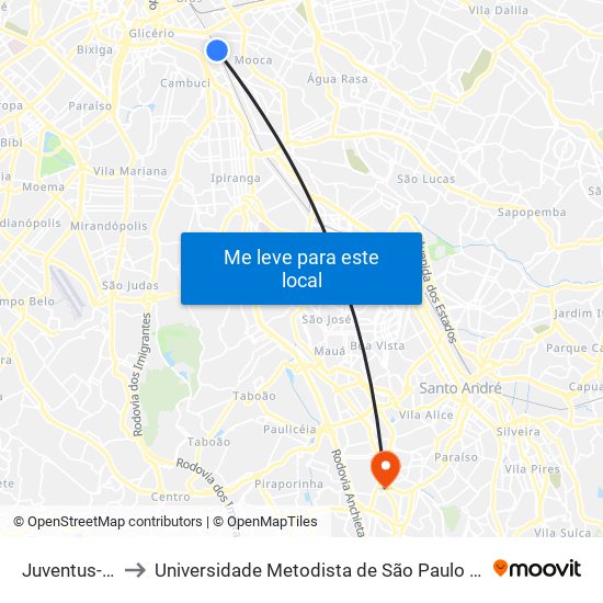 Juventus-Mooca to Universidade Metodista de São Paulo (Campus Vergueiro) map