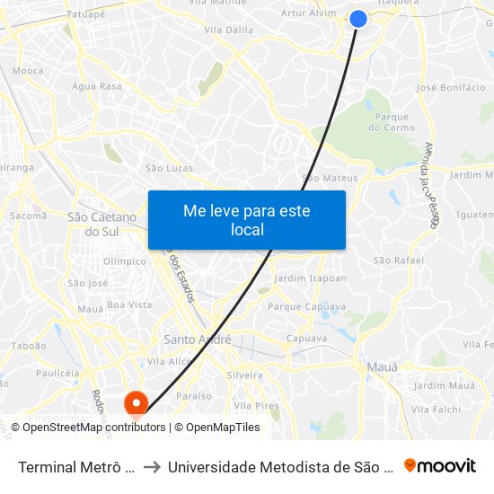 Terminal Metrô Itaquera Norte to Universidade Metodista de São Paulo (Campus Vergueiro) map