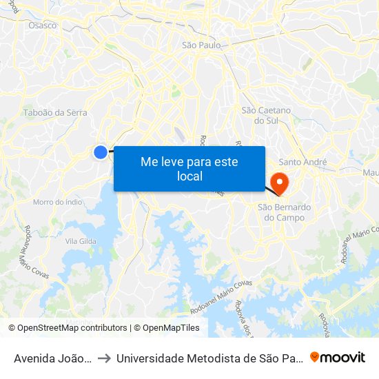 Avenida João Dias 2841 to Universidade Metodista de São Paulo (Campus Vergueiro) map